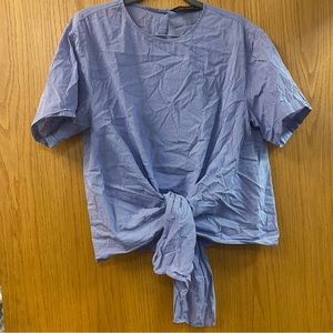 Zara casual mid crop shirt with tie blue and white striped